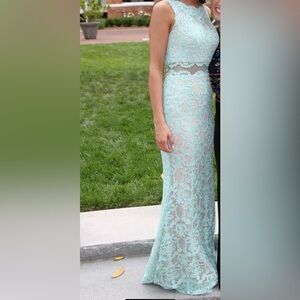 Blue lace prom dress with nude underlay